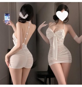 FEE ET MOI - Bow-Decorated Ruched Sheer Nightdress (White)
